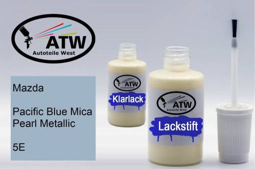 Mazda, Pacific Blue Mica Pearl Metallic, 5E: 20ml Lackstift + 20ml Klarlack - Set, von ATW Autoteile West.